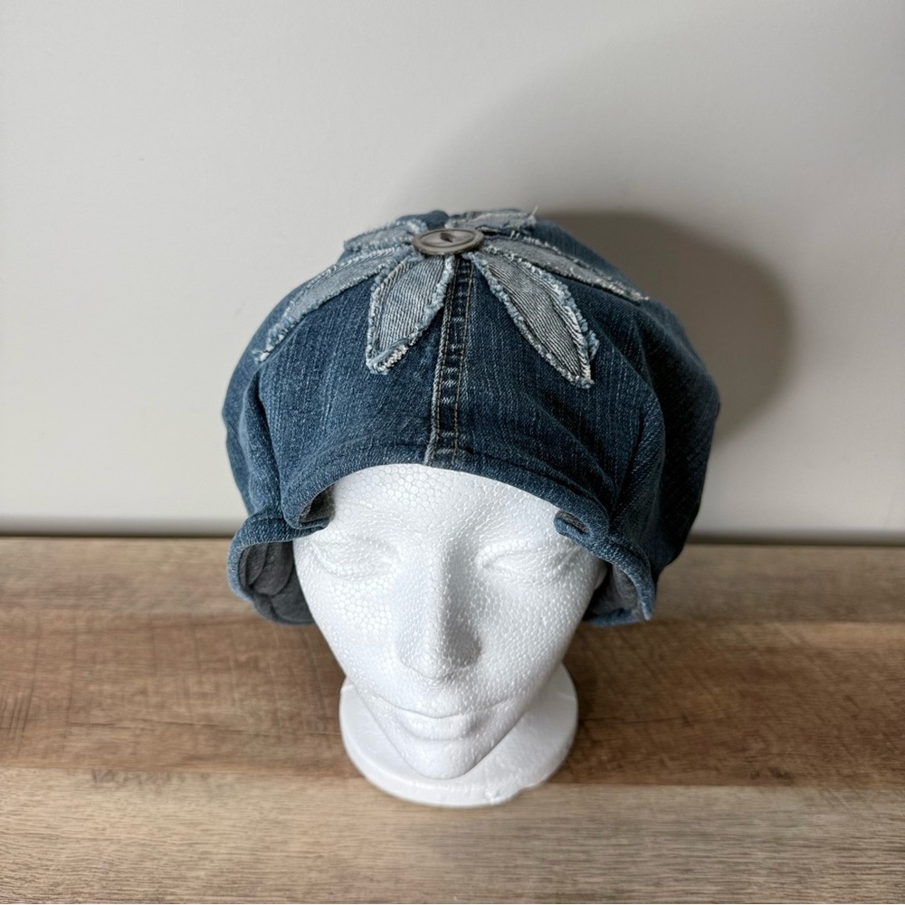 Upcycled Reversible Denim Hat Beanie Toque TNA Flower Appliqué One Of A Kind - Picture 5 of 13